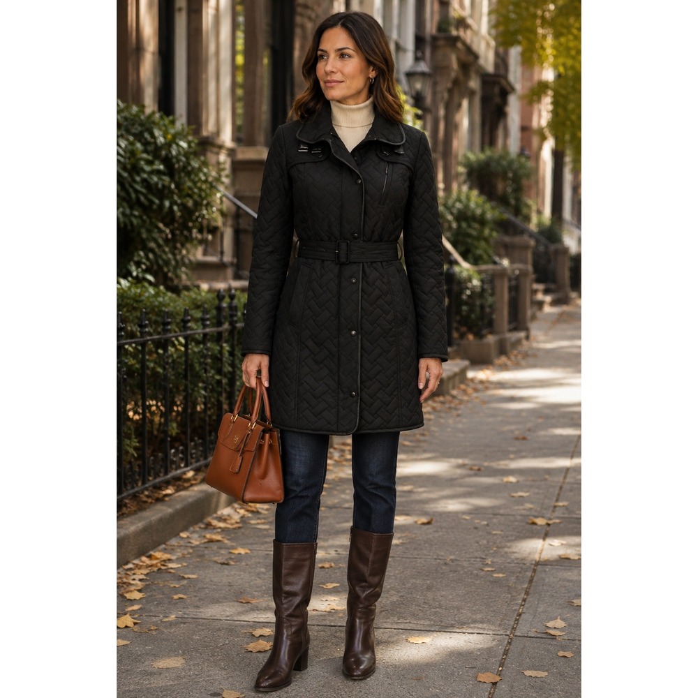 Cole Haan Black Quilted Belted Coat Lambskin Leather Trim Jacket Women S